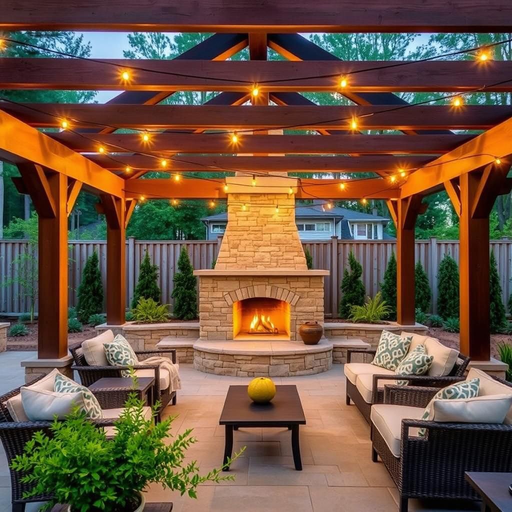 Outdoor Living Space with Fireplace and Pergola